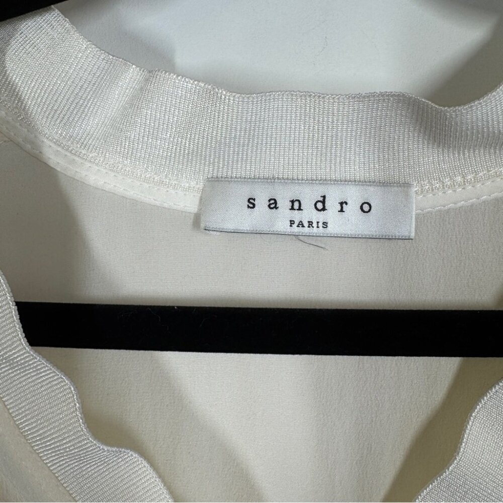 Sandro Paris Ivory Silk Blouse Size M Long Sleeve Minimalist V Neck Top - Picture 5 of 15